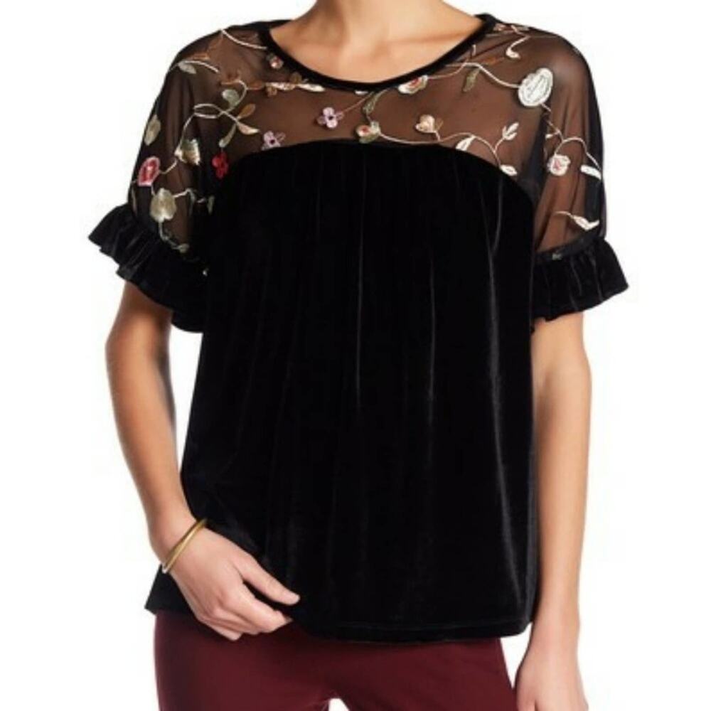 Pleione velvet and mesh embroidered blouse